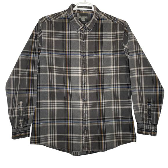 Eddie Bauer Plaid Flannel Shirt Gray Slim Fit Button Up Mens XL Tall Grunge - Picture 1 of 11